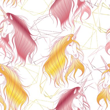 Altın Çokgen şekiller ve tek boynuzlu at ile Seamless modeli. Tasarım kavramı baskı için kartı, poster, duvar kağıdı. Vektör çizim 