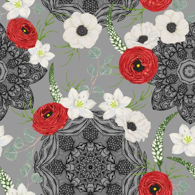 Beyaz anemone, lily, kırmızı Düğünçiçeği, aslanağızları, gümüş dolar okaliptüs ve dantel süsleme ile Seamless modeli. Süslü mandala ile çiçek arka plan ile. Vektör çizim suluboya tarzında