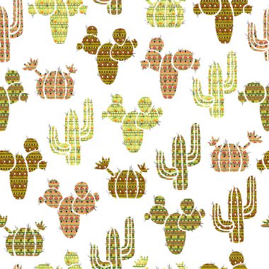 Seamless modeli ile kaktüsler ve succulents kabile etnik onament ile. Vektör çizim