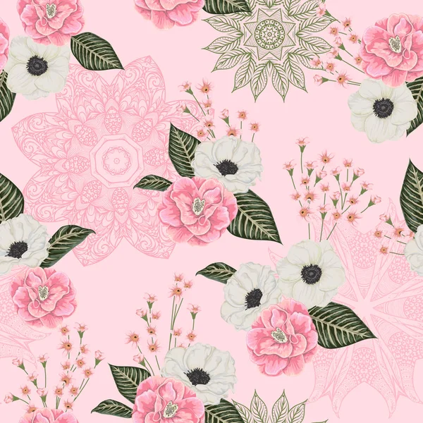 アルストロメリアとレースの髪飾り 白いアネモネの花ピンクの椿とのシームレスなパターン 華やかなマンダラとの花の背景 水彩風のベクトル図 — ストックベクタ