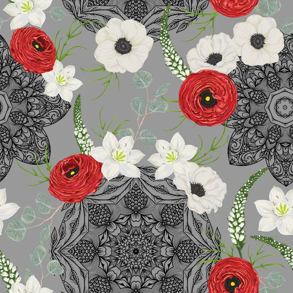 Beyaz anemone, lily, kırmızı Düğünçiçeği, aslanağızları, gümüş dolar okaliptüs ve dantel süsleme ile Seamless modeli. Süslü mandala ile çiçek arka plan ile. Vektör çizim suluboya tarzında