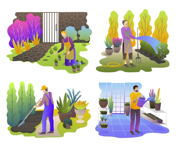 Jardineros Listos Hombres Trabajando Jardín Las Personas Con Plantas Herramientas — Archivo Imágenes Vectoriales