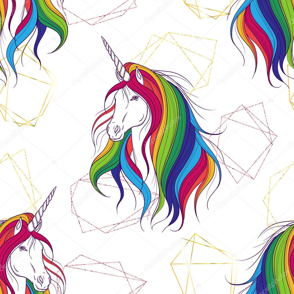 Seamless pattern with golden polygonal shapes and unicorn with rainbow mane. Design concept for print, card, poster, wallpaper. Vector illustration 
