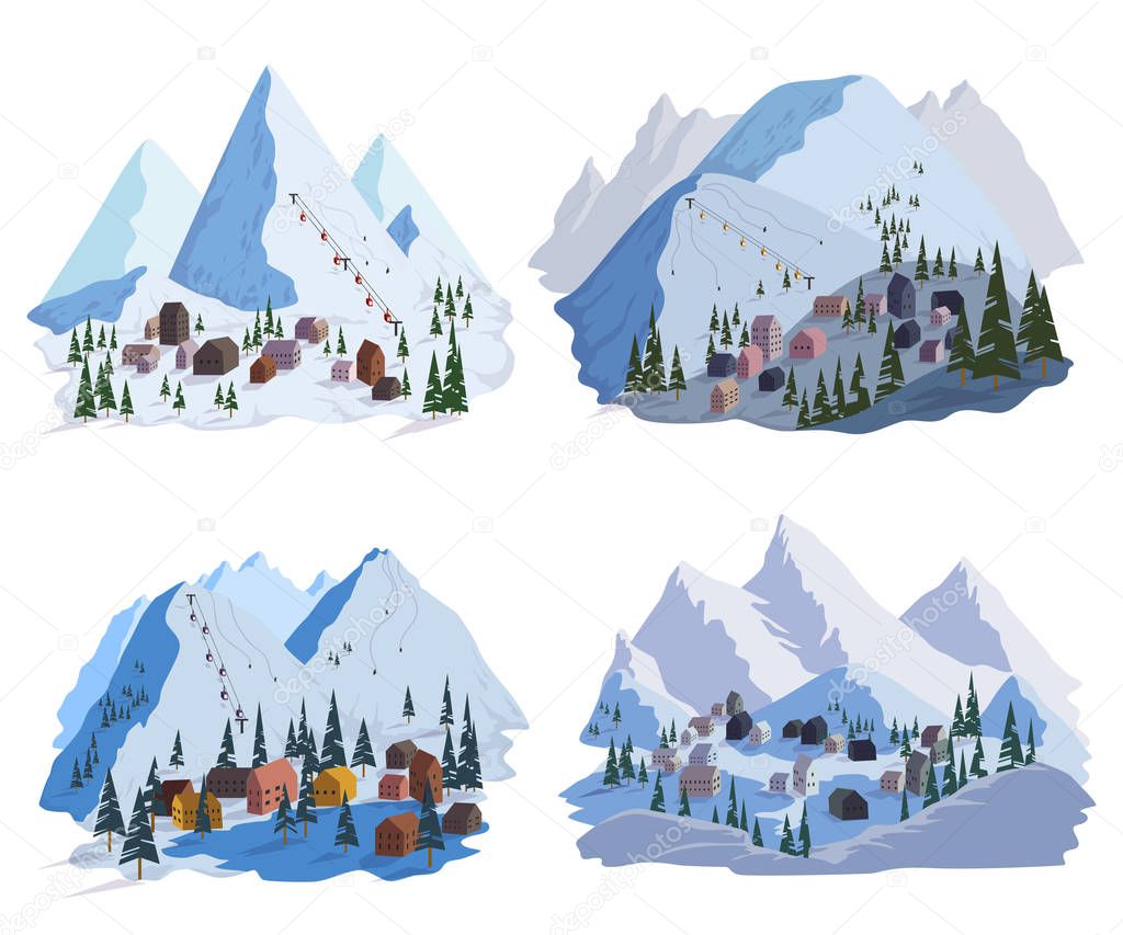 Ski resort set. Beautiful landscapes with mountains, houses, hotels, fir trees and ski lift. Vector illustration