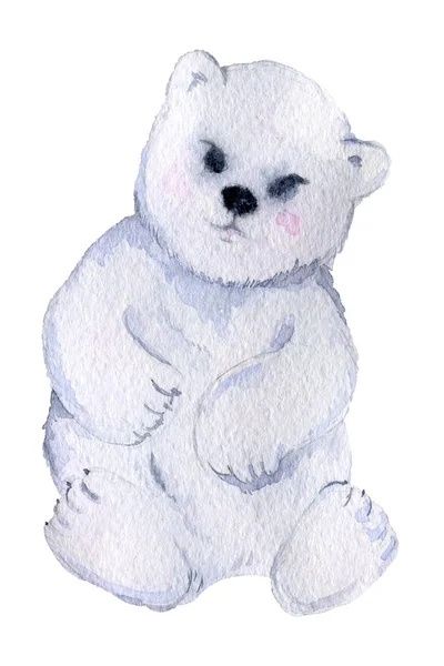 Милый Маленький Белый Медвежонок Изолированный Белом Фоне Акварель — стоковое фото