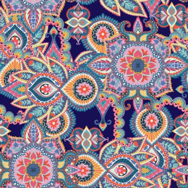 Dikişsiz desen desenli. Renkli çiçek süsleme. Oryantal tasarımı için kumaş, baskı, Ambalaj Kağıt, kart, davet, duvar kağıdı. Vektör çizim