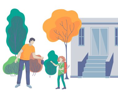 Babası verir onun kızı öğle yemeği kutusu. Üst alma alt okula. Okula dönüş. Dostu aile kavramı. Vektör çizim 