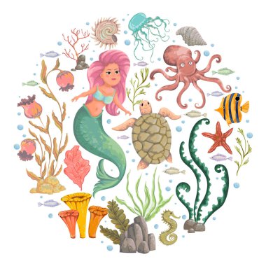 Deniz kızı, deniz bitki ve hayvan. Koleksiyon dekoratif tasarım öğeleri. Çizgi film deniz flora ve fauna suluboya tarzında. Beyaz arka plan üzerinde izole nesneleri. Vektör çizim 