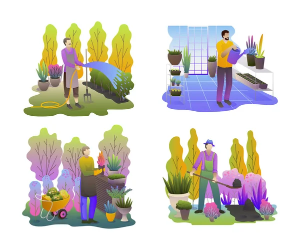 Садовники Готовы Люди Работающие Саду Люди Растениями Инструментами Работают Открытом — стоковый вектор