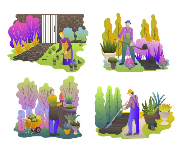 Jardineros Listos Hombres Trabajando Jardín Las Personas Con Plantas Herramientas — Vector de stock