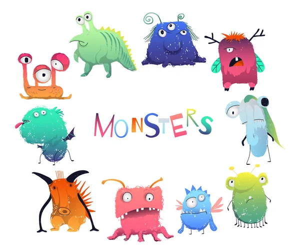 Monstres Mignons Ensemble Personnages Bande Dessinée Dans Style Crayon Couleur — Image vectorielle