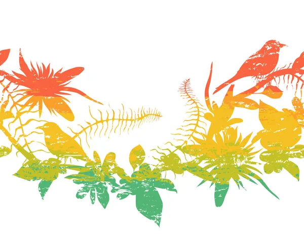 熱帯の鳥 植物および花のシームレスな境界線 水しぶきが水彩風のカラフルなグランジ シルエット エキゾチックな植物相および動物群 ベクトル図 — ストックベクタ