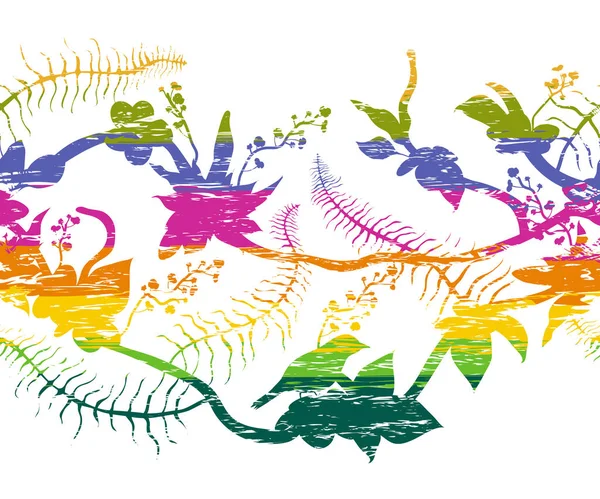 与热带鸟类 植物和花朵的无缝边界 五颜六色的垃圾剪影与飞溅的水彩风格 异国情调的动植物群 矢量插图 — 图库矢量图片