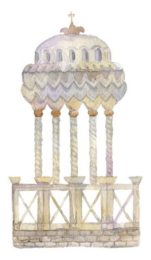 Rotunda sütunları ve korkuluk. Victoria tarzı Vintage mimari öğe. Beyaz arka plan üzerinde izole nesne. Suluboya resim