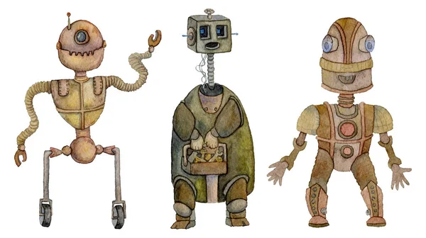 Robotar Set Vintage Seriefigurer Isolerade Vit Bakgrund Akvarell Illustration — Stockfoto