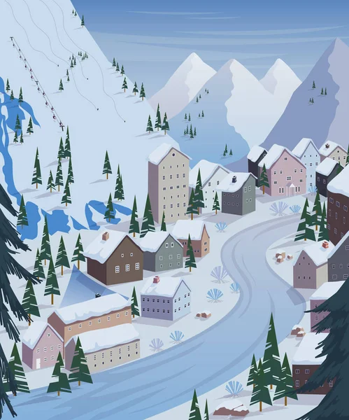 Χιονοδρομικό Κέντρο Όμορφα Τοπία Βουνά Σπίτια Ξενοδοχεία Έλατα Και Τελεφερίκ — Διανυσματικό Αρχείο