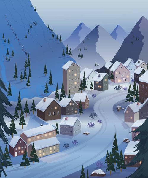 Ski resort. Beautiful landscapes with mountains, houses, hotels, fir trees and ski lift. Night scenery. Vector illustration