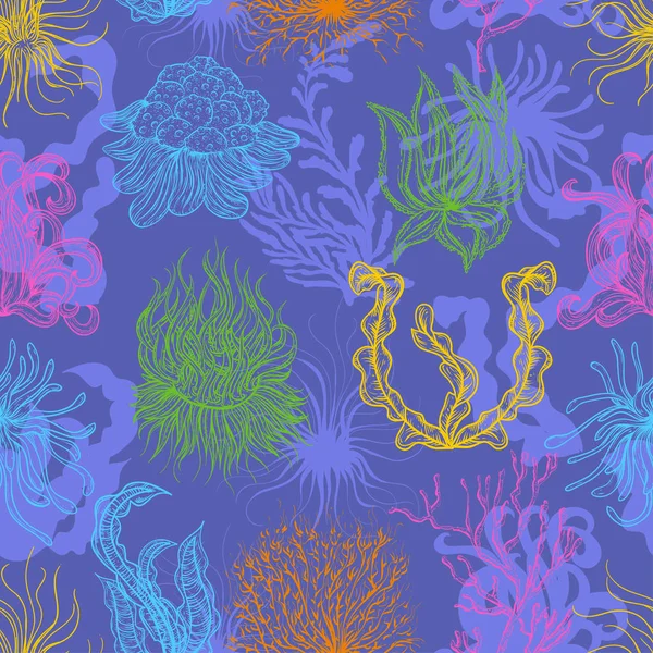 Seamless Pattern Marine Plants Corals Seaweed Vector Illustration — Stock Vector