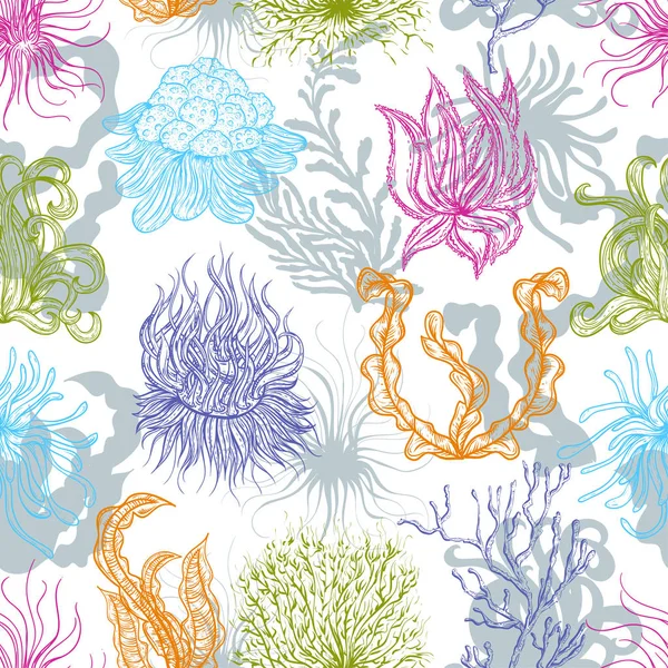 与海洋植物 珊瑚和海藻无缝模式 矢量插图 — 图库矢量图片
