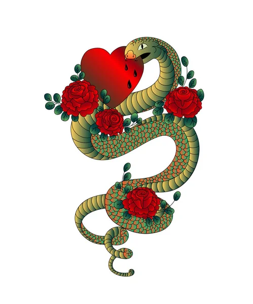 Snake Roses Bites Heart Old School Tattoo Design Isolated Element — Stock Vector