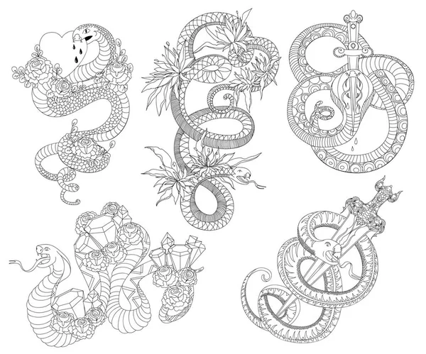 Змеи Готовы Татуировка Старой Школы Черно Белые Изолированные Элементы Векторная — стоковый вектор
