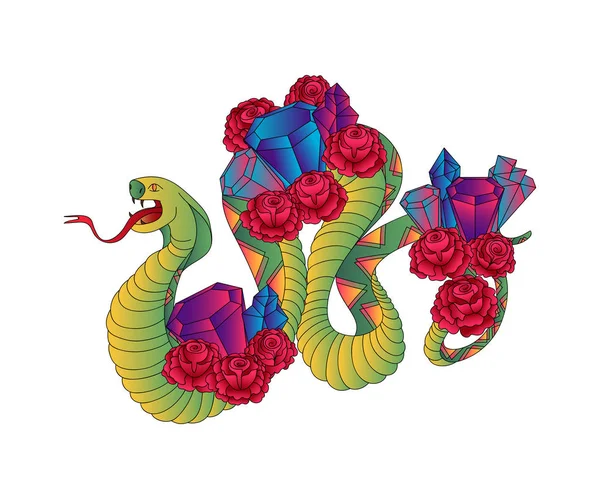 Serpente Con Rose Pietre Preziose Design Del Tatuaggio Vecchia Scuola — Vettoriale Stock