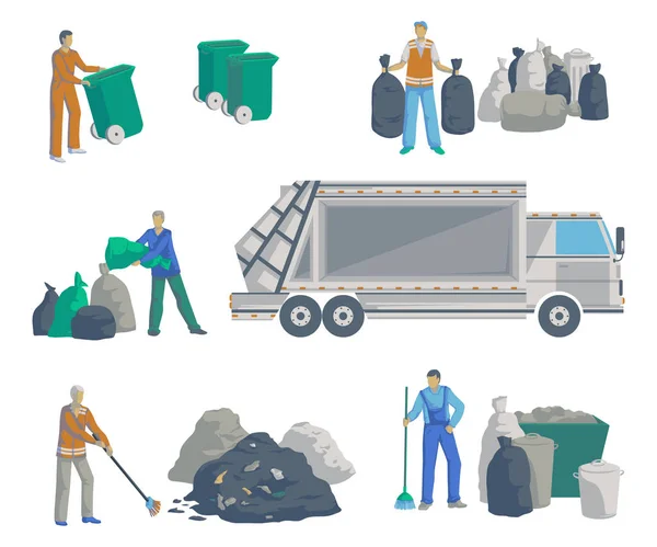 ゴミ集めの人が設定します ごみ収集車 ゴミの山 白い背景の上の孤立したオブジェクト ゴミのリサイクルとリサイクルの機器 ベクトル図 — ストックベクタ