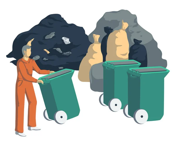 Homem Lixo Com Sacos Latas Caixotes Recipientes Pilha Lixo Objetos — Vetor de Stock
