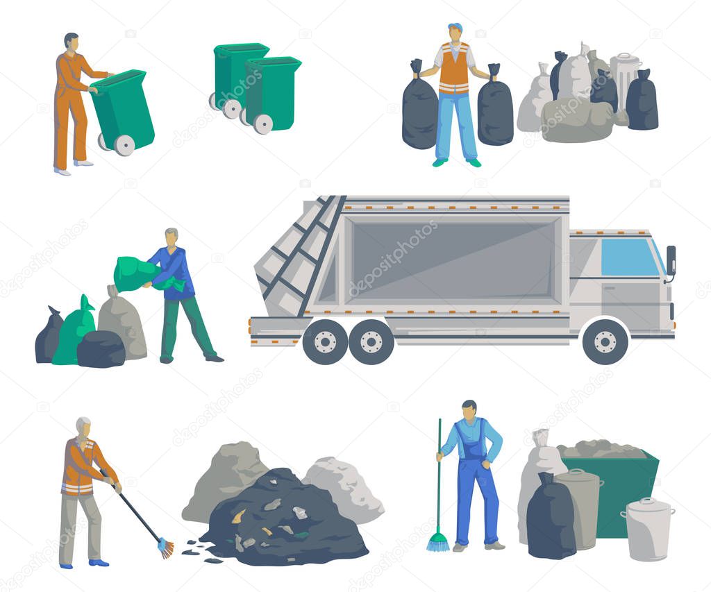 Garbage men set. Garbage truck, bags, cans, bins, containers and pile of trash. Isolated objects on white background. Garbage recycling and utilization equipment. Vector illustration 