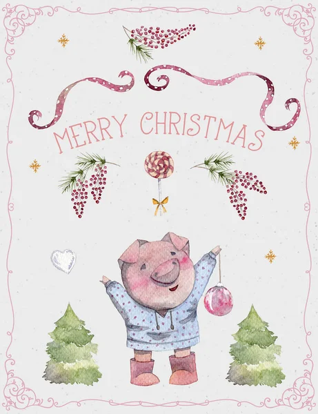 Greeting card with cute pig, fir tree, lollipop, berries, stars and serpentine. Funny cartoon character. Merry christmas and Happy New Year. Chinese symbol of the 2019 year. Watercolor  illustration