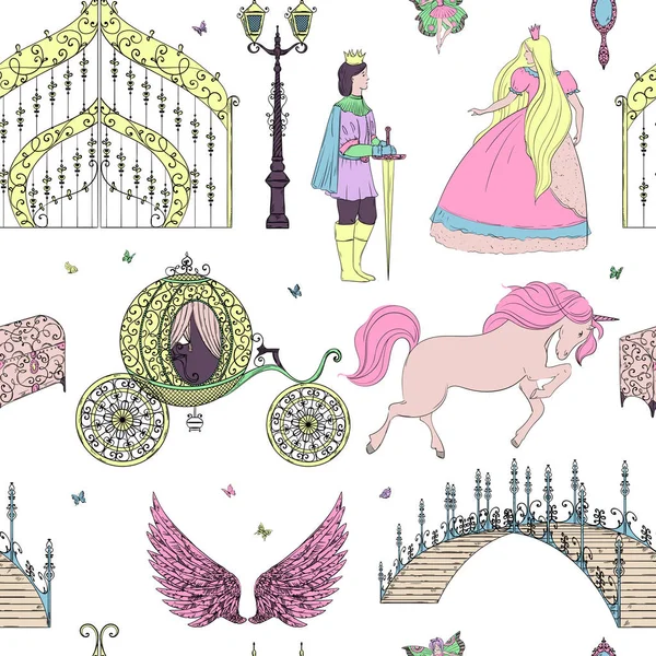 Patrón Sin Costuras Con Príncipe Princesa Puerta Unicornio Linterna Pecho — Archivo Imágenes Vectoriales