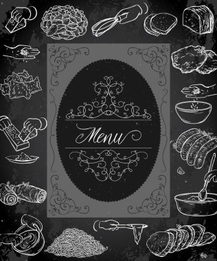 Vintage restoran menü tasarımı antika çerçeveli eller yemek ve gıda hazırlama. Kara tahta arka plan üzerinde vektör çizim