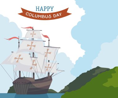 Columbus günü kutlu olsun. Gemi ve manzara ile tebrik kartı. Vektör çizim 