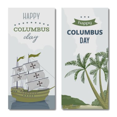 Columbus günü kutlu olsun. Gemi ve palmiye ağaçları ve tekneler, yatay tebrik kartı. Beyaz arka plan üzerinde izole nesneleri. Vektör çizim 