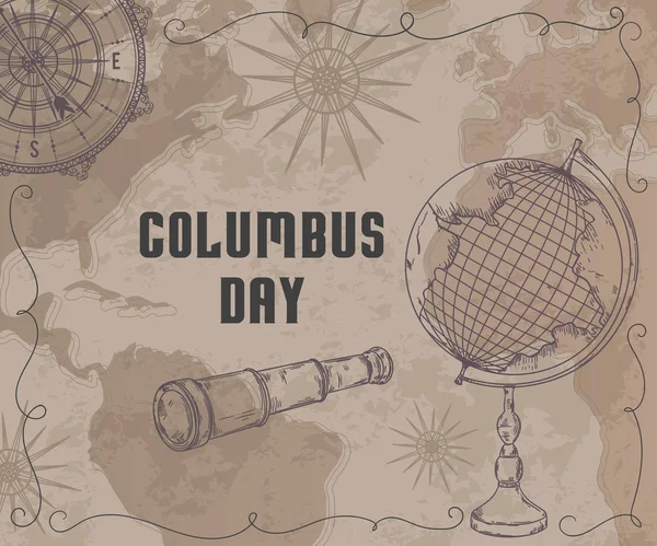 Happy Columbus Day Greeting Card Telescope World Map Vintage Globe — Stock Vector