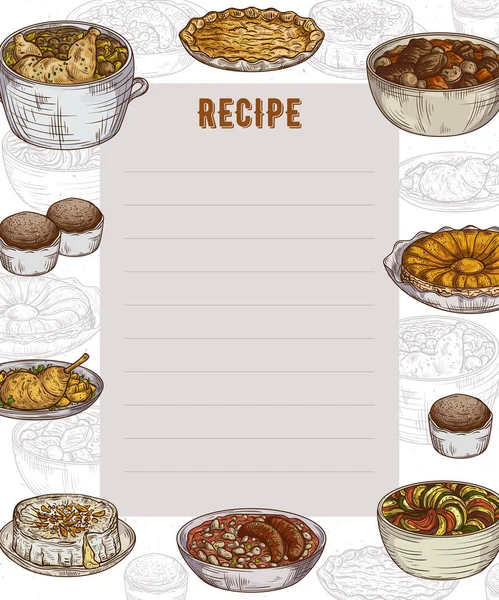 Recept Kártya Szakácskönyv Lap Tervezősablon Ízletes Ételek Gyűjteménye Vektoros Illusztráció — Stock Vector
