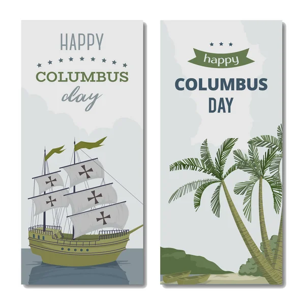 Happy Columbus Day Greeting Card Ship Landscape Palm Trees Boats — Stock Vector