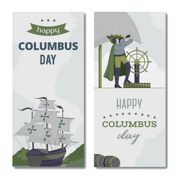 Happy Columbus Day Greeting Card Ship Landscape Seaman Telescope Isolated — Stock Vector