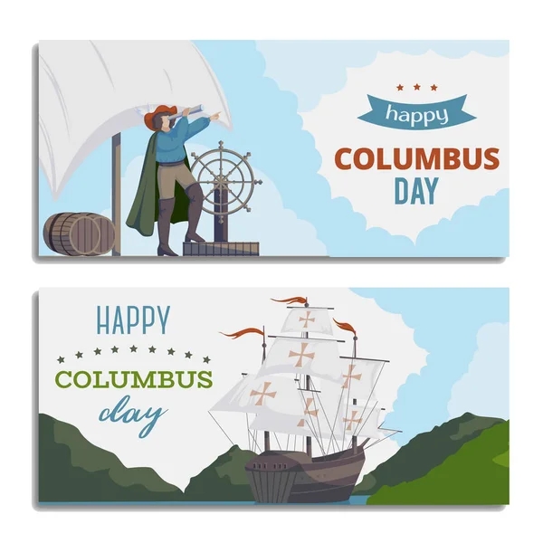 Happy Columbus Day Greeting Card Ship Landscape Seaman Telescope Horizontal — Stock Vector