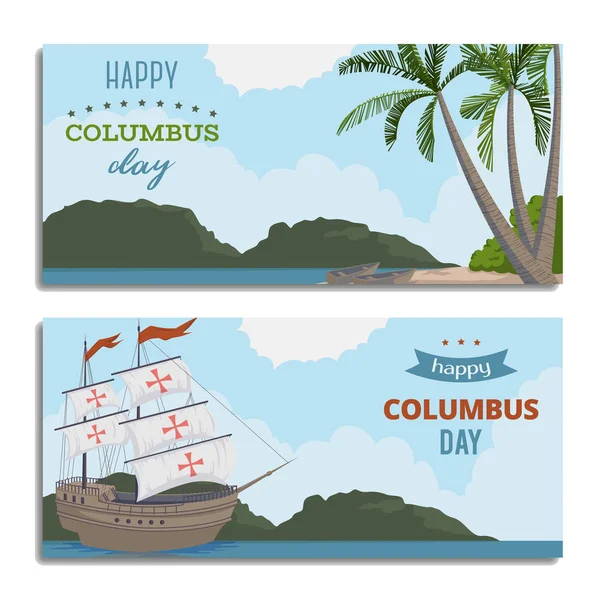 Днем Колумба Открытка Кораблем Пейзажем Пальмами Лодками Горизонтальные Баннеры Национальный — стоковый вектор