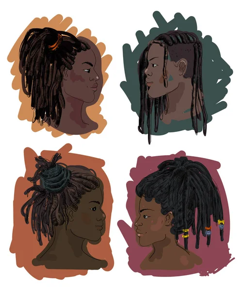 Retrato Homens Mulheres Com Dreadlocks Perfil Isolado Fundo Branco Ilustração —  Vetores de Stock