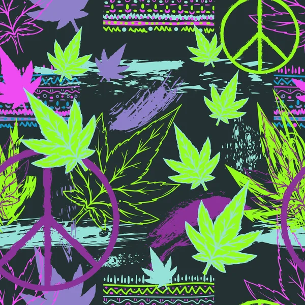 Naadloze Patroon Met Cannabis Bladeren Hippie Vrede Symbool Etnische Sieraad — Stockvector