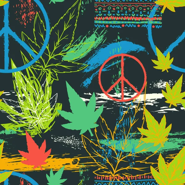 Wzór Konopi Liści Symbol Pokoju Hippie Etniczne Ornament Grunge Pociągnięcia — Wektor stockowy