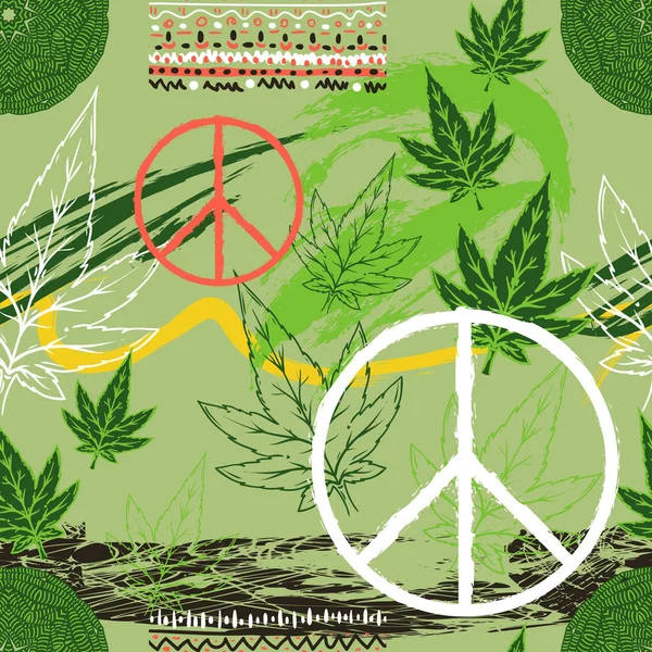 Padrão Sem Costura Com Folhas Cannabis Símbolo Paz Hippie Ornamento — Vetor de Stock