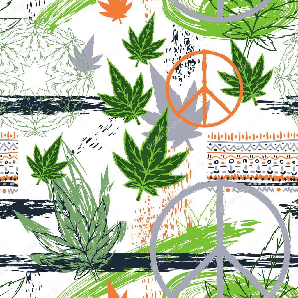 Seamless pattern with cannabis leaves, hippie peace symbol, ethnic ornament and grunge brush strokes. Abstract background in patchwork style. Vector illustration 