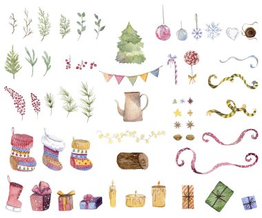 Noel ve yeni yıl koleksiyonu. Noel simgeler kümesi. İzole öğeleri beyaz arka plan üzerinde. Hediye kutuları, hediyeler, şeker, çorap, topları, yıldız, çilek, yapraklar, dallar. Suluboya resim 