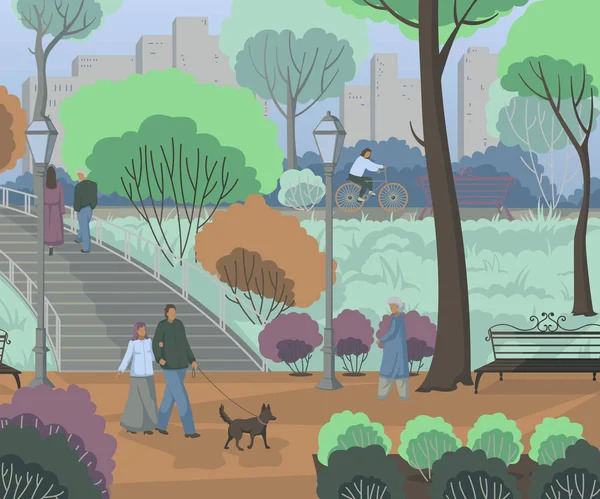 Gente Caminando Por Parque Ciudad Paisaje Con Árboles Arbustos Bancos — Vector de stock