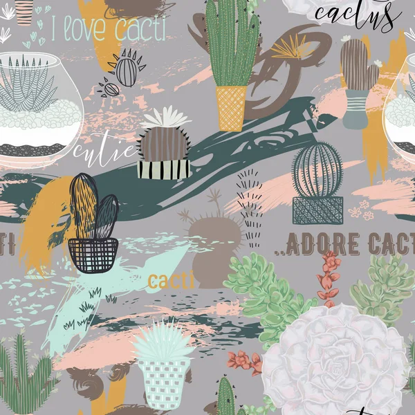 Motif Sans Couture Avec Cactus Succulents Coups Pinceau Éléments Typographiques — Image vectorielle