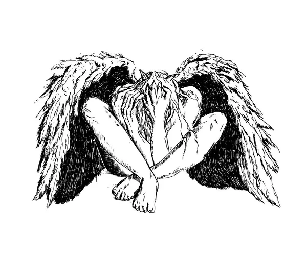 Fallen Angel Black Wings Sitting Floor Mystic Dark Fantasy Ink — Stock Vector