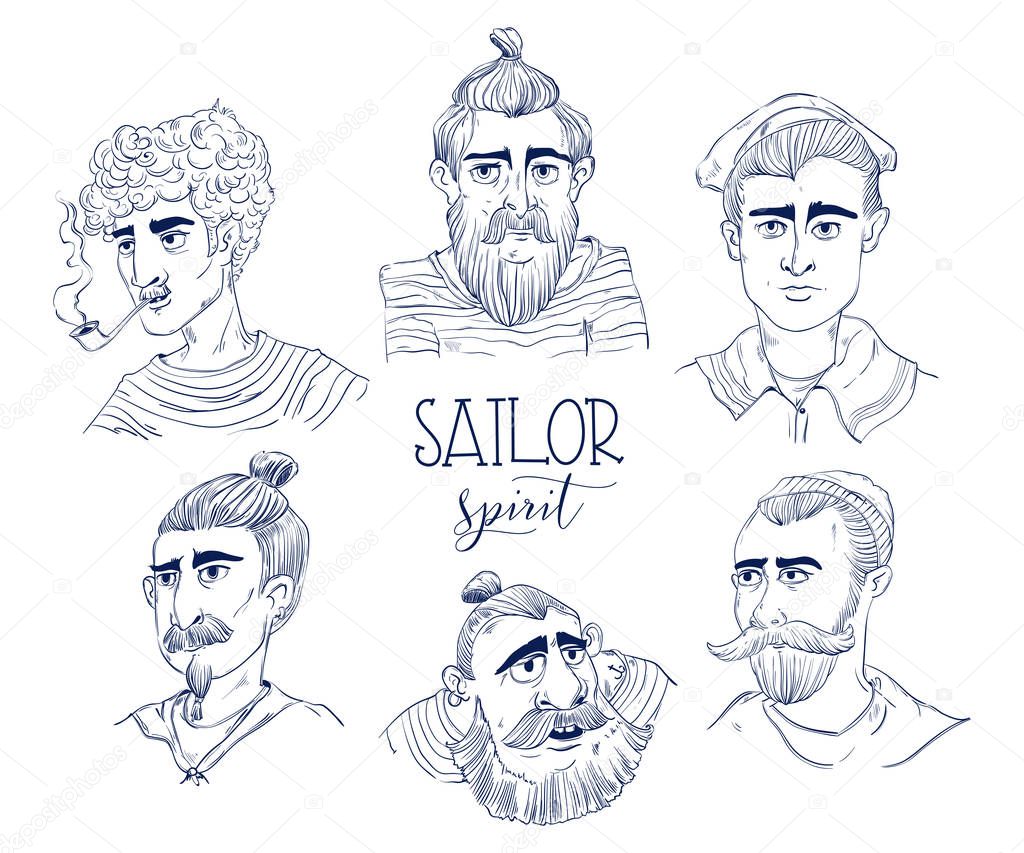 Sailors and captains set. Funny cartoon characters. Concept design for print, poster, tattoo, sticker, card. Isolated objects on white background. Vintage vector illustration
